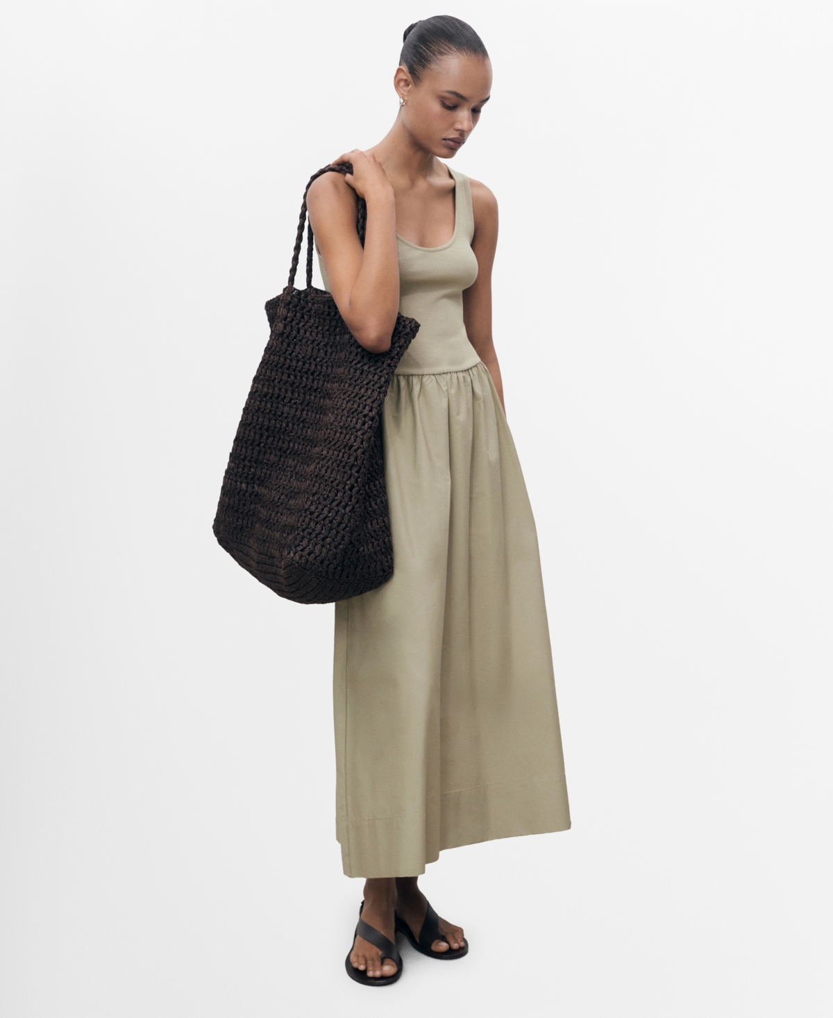 Mango Flared Dress In Combined Fabric Khaki In Brown