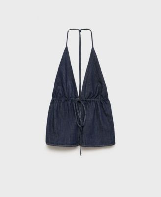 MANGO - Women's V-Neck Tie Denim Top