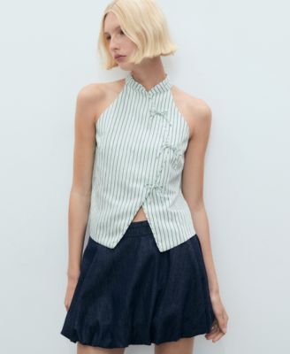 Women's Strap Neckline and Laces Striped Top