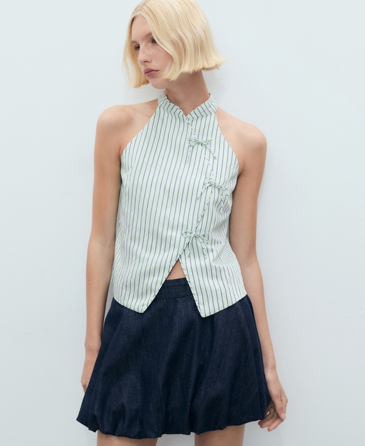 Mango Women's Strap Neckline And Laces Striped Top In Green