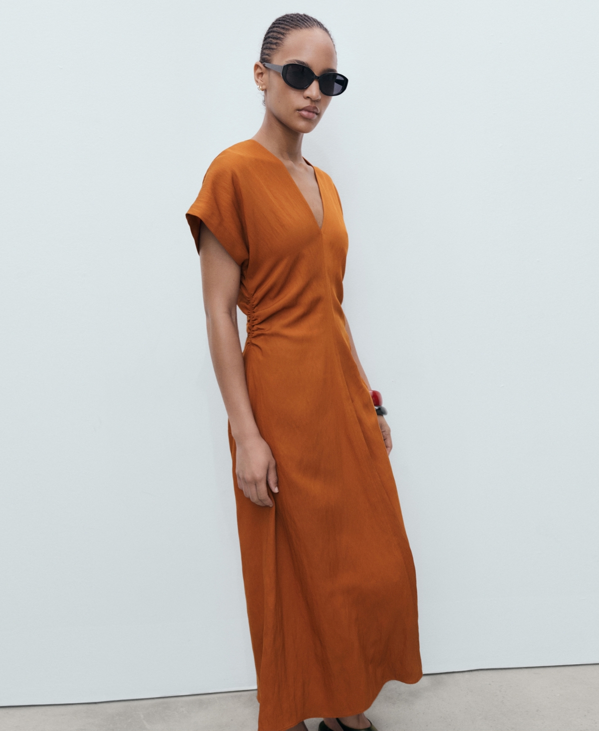 Mango Midi Dress With Gathered Sides Brown In Brown
