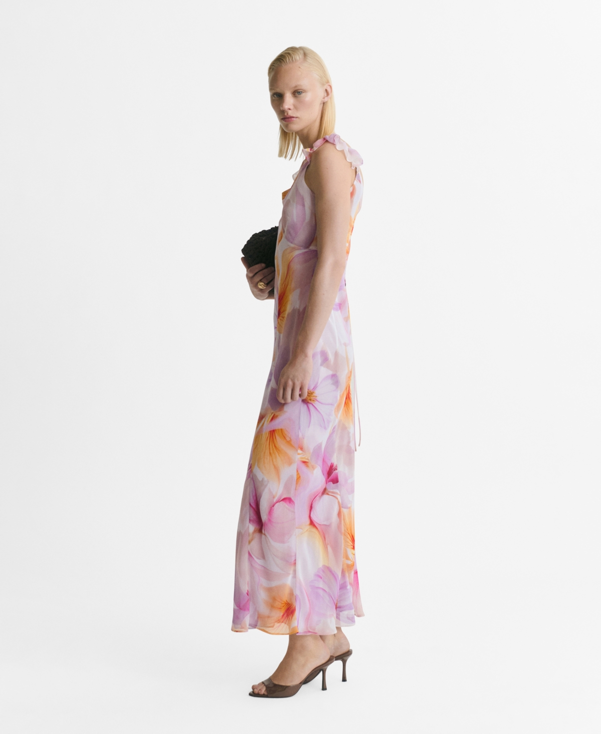 Mango Floral Ruffle Chiffon Maxi Dress In Purple