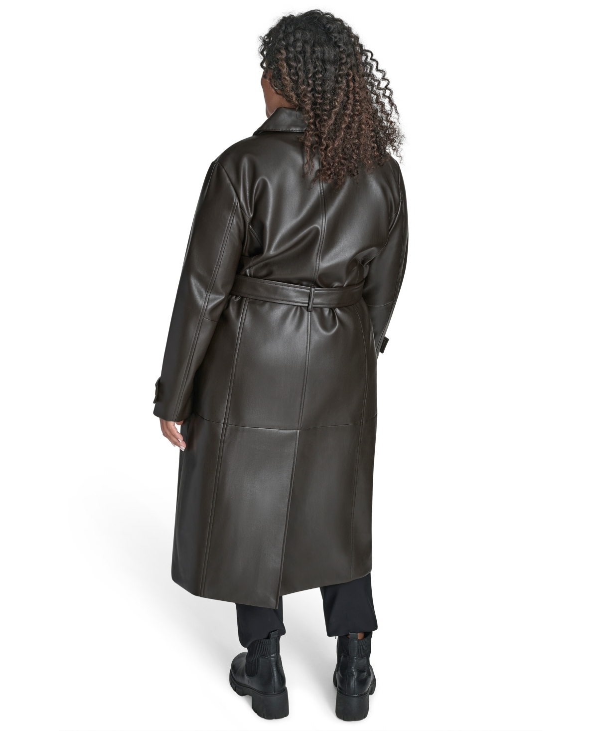 Calvin Klein Plus Size Belted Faux Leather Trench Coat In Black
