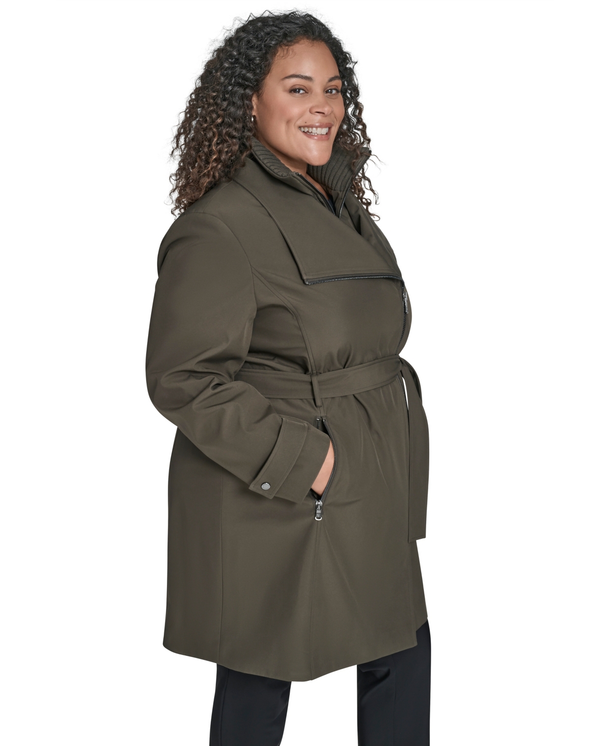 Calvin Klein Plus Size Belted Long-sleeve Wrap Coat, Created For Macy's In Brown