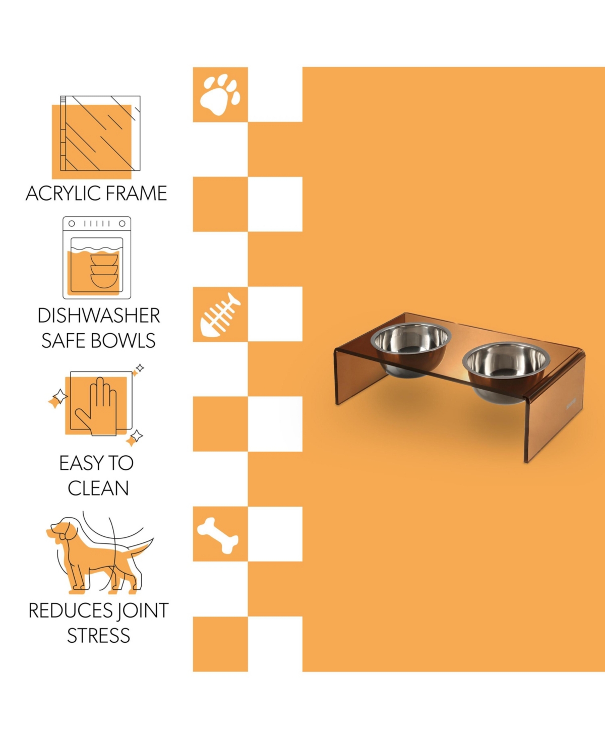 Keaton Modern Acrylic Rectangular Elevated Pet Feeder with 2-Stainless Steel Bowls