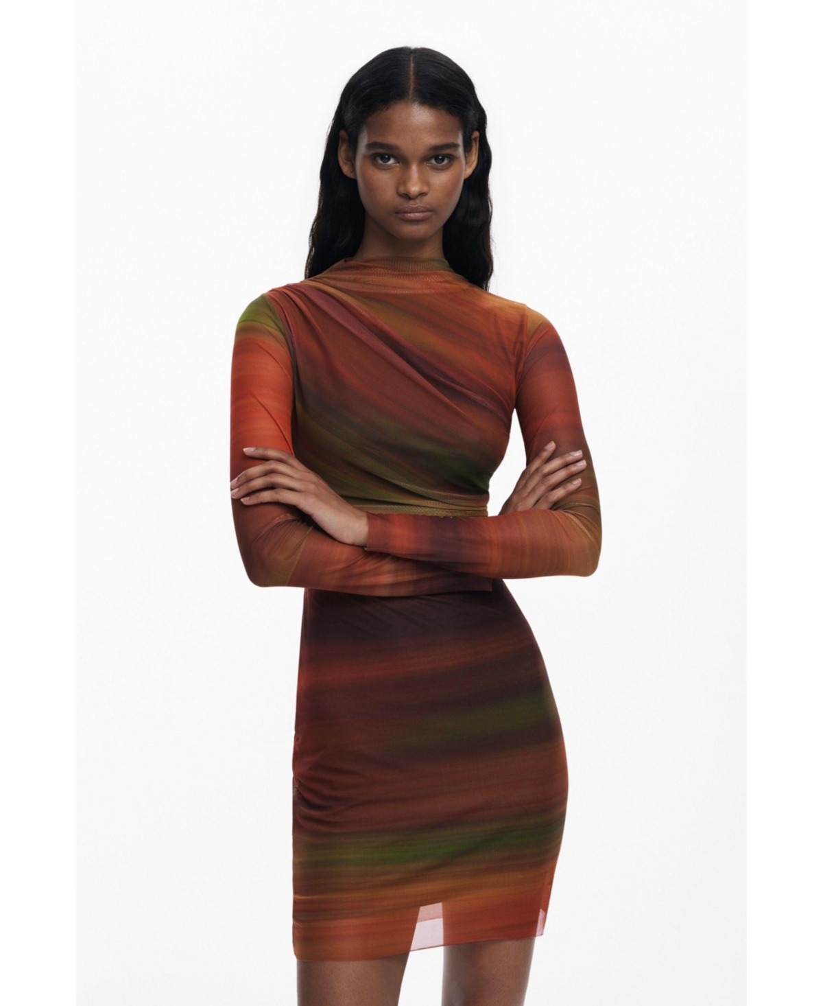 Desigual Ruched Long Sleeve Mesh Minidress In Brown