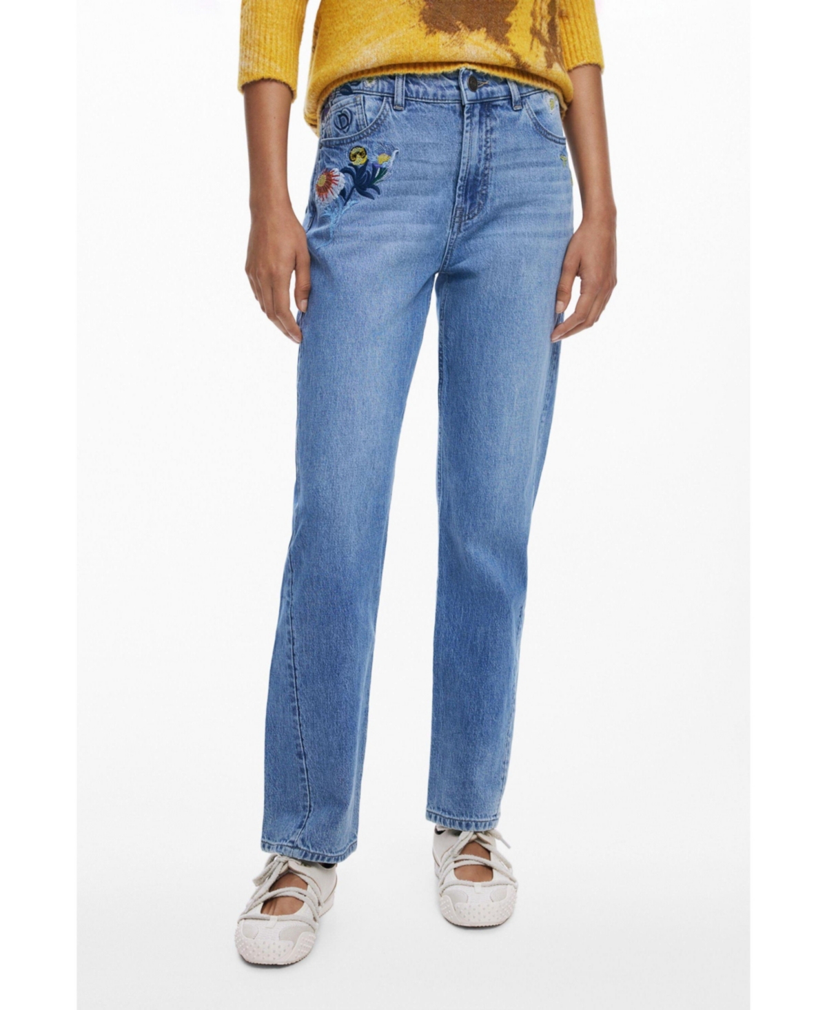 Women's Embroidered flower jeans - Medium blue