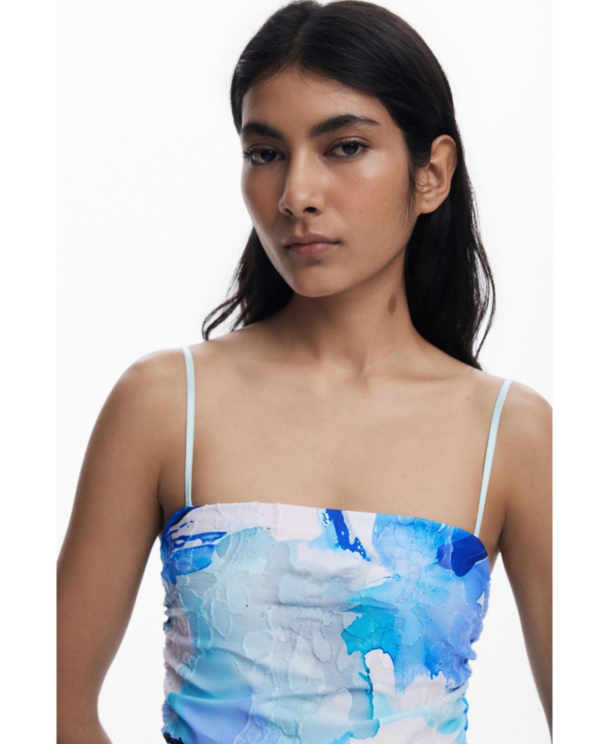 Desigual Ruffle Shirred Dress In Blue