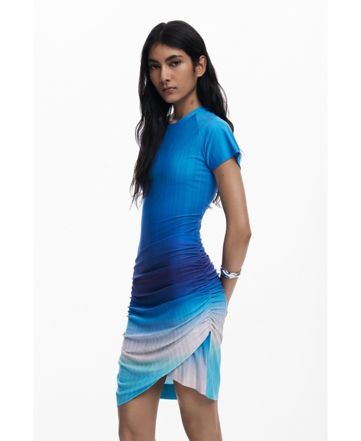 Desigual Short Sleeve Asymmetric Sheath Dress In Blue