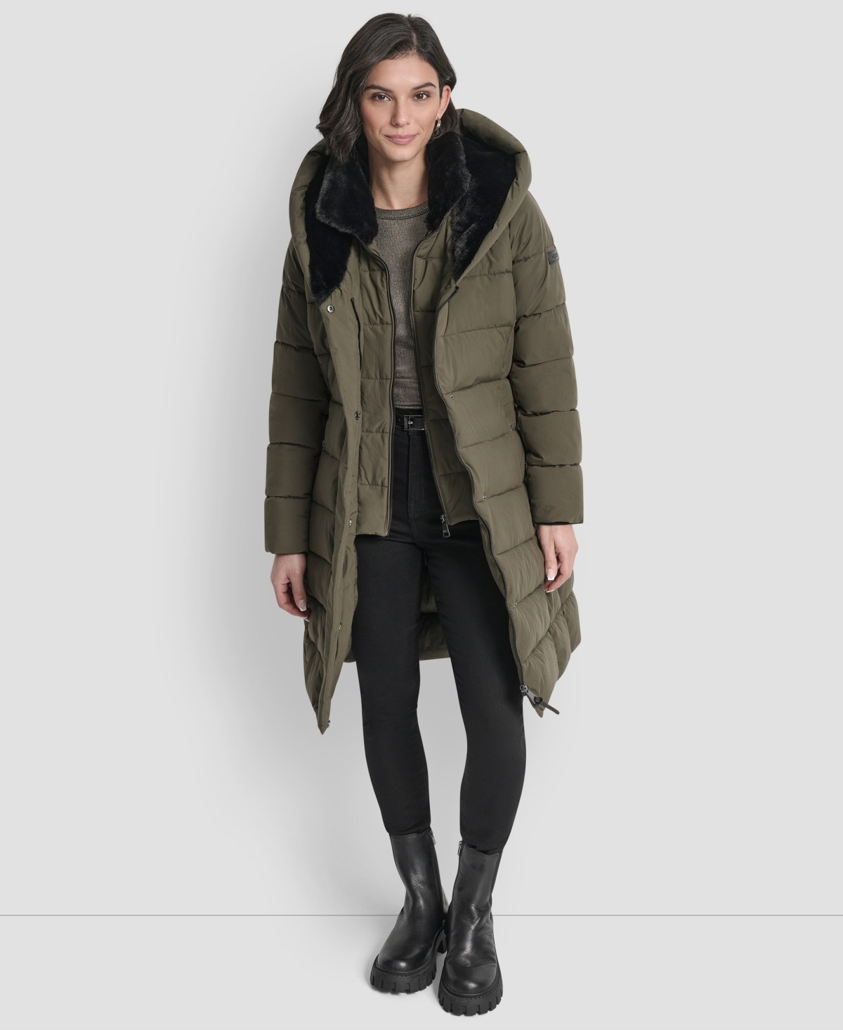 Dkny Women's Belted Asymmetrical Zip Front Puffer Coat In Gold
