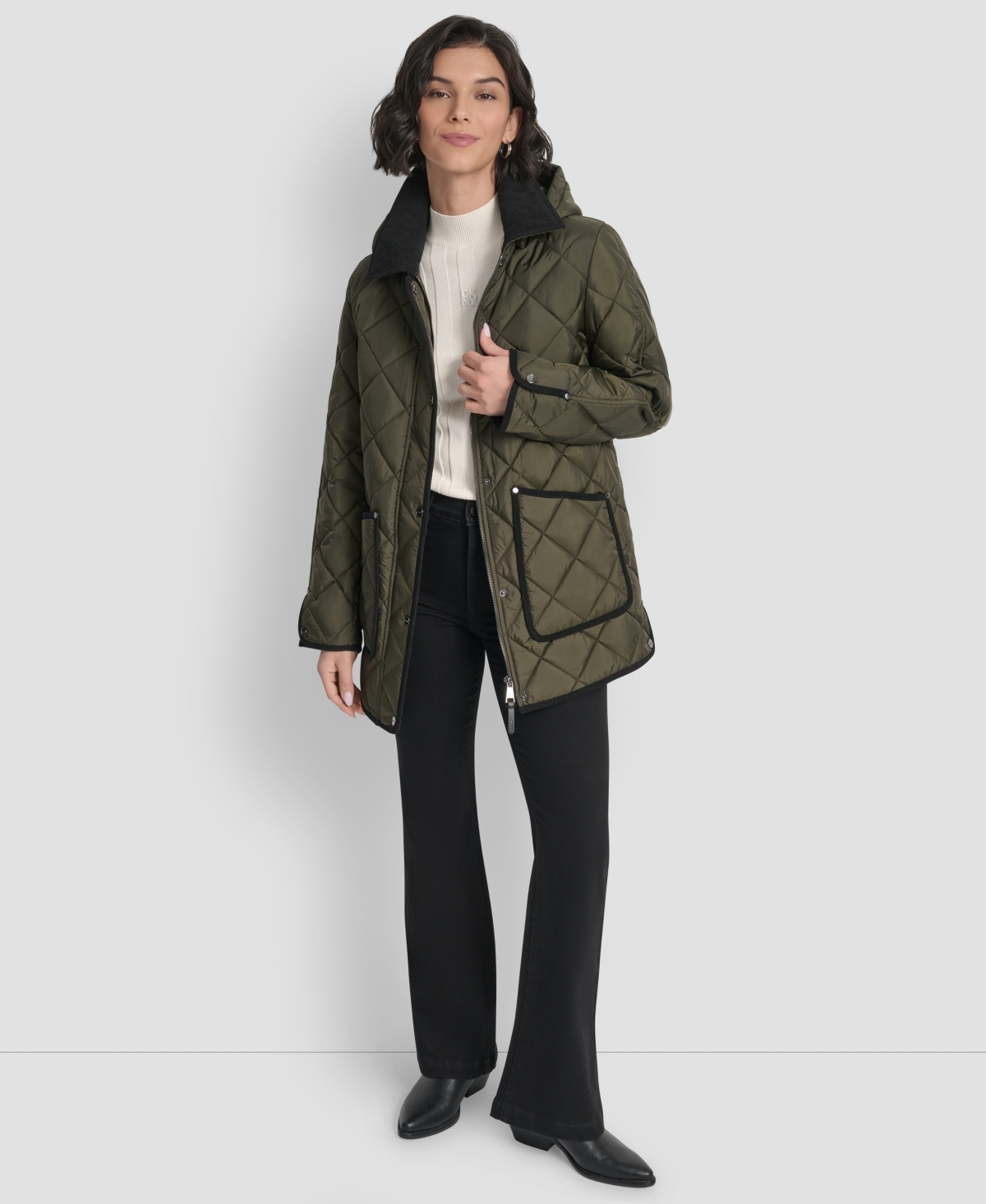 Dkny Women's Corduroy Collar Hooded Quilted Coat In Green