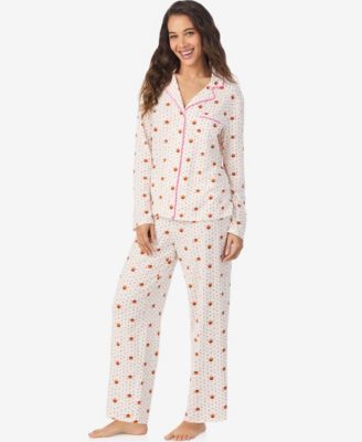 Women's Long Sleeve Notch Collar Top and Long Pants Pajama Set