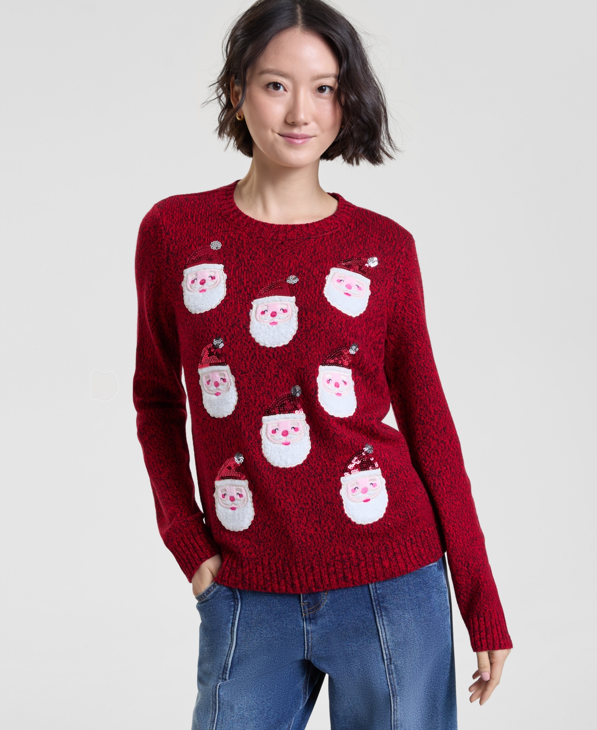 Holiday Lane Women's Santa-Embroidered Sweater, Macy's Exclusive