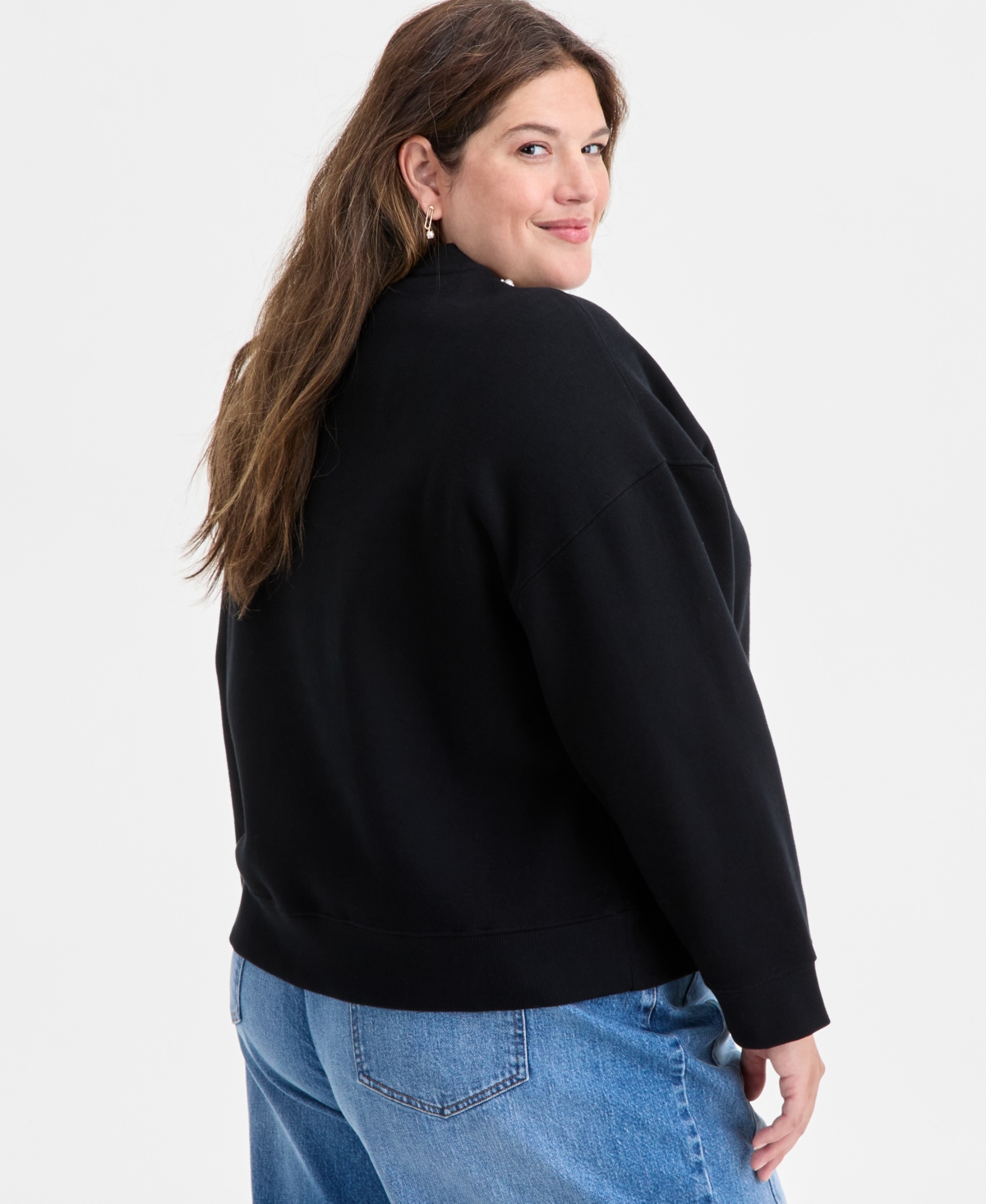 On 34th Trendy Plus Size Embellished-neck Long-sleeve Sweatshirt, Macy's Exclusive In Black