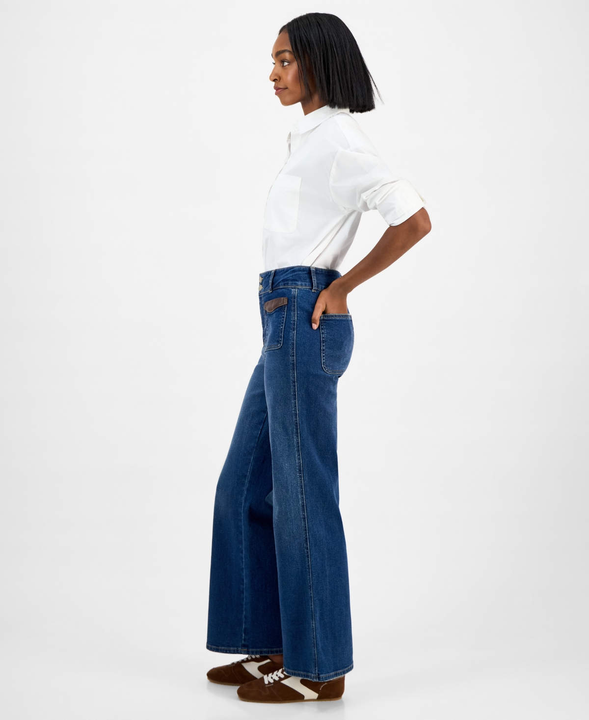 And Now This Women's Wide-Leg Faux-Leather-Trim Jeans, Macy's Exclusive