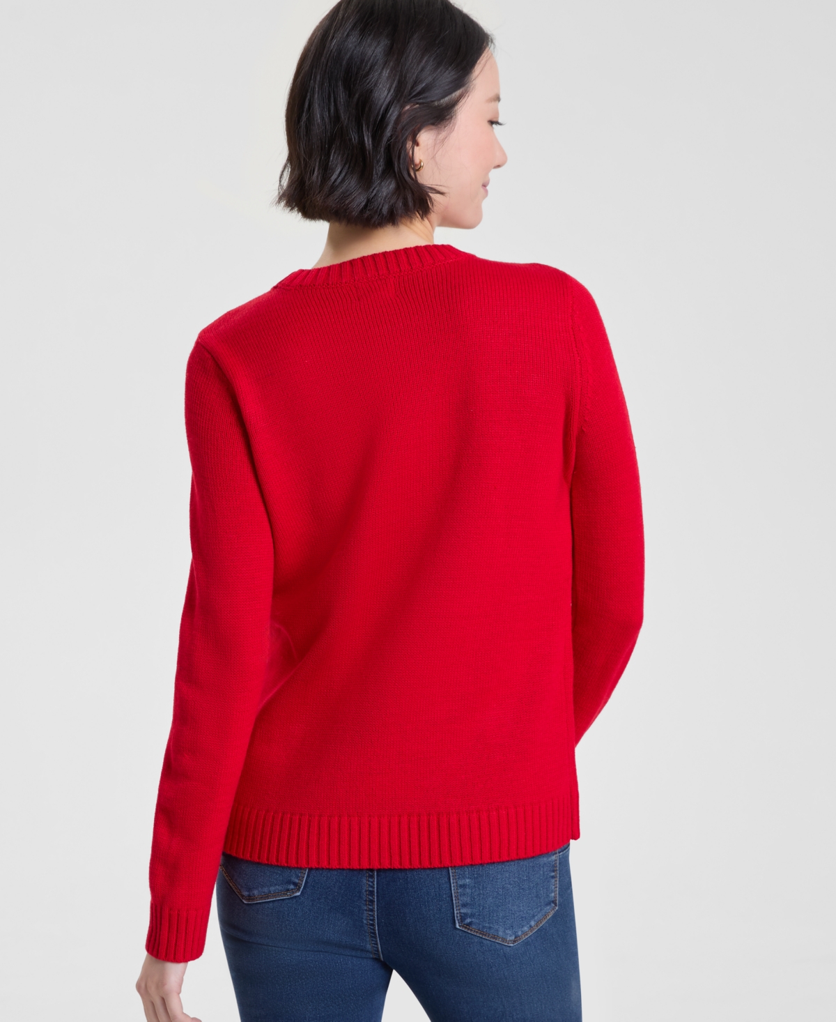 Holiday Lane Women's Kitten Sleigh Crewneck Sweater, Created For Macy's In Red