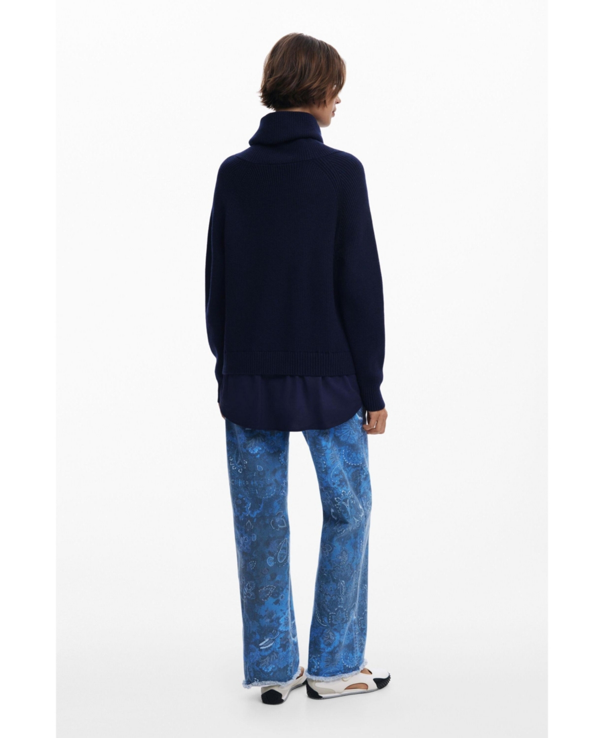 Desigual Mixed Media Oversize Cable Half Zip Sweater In Blue