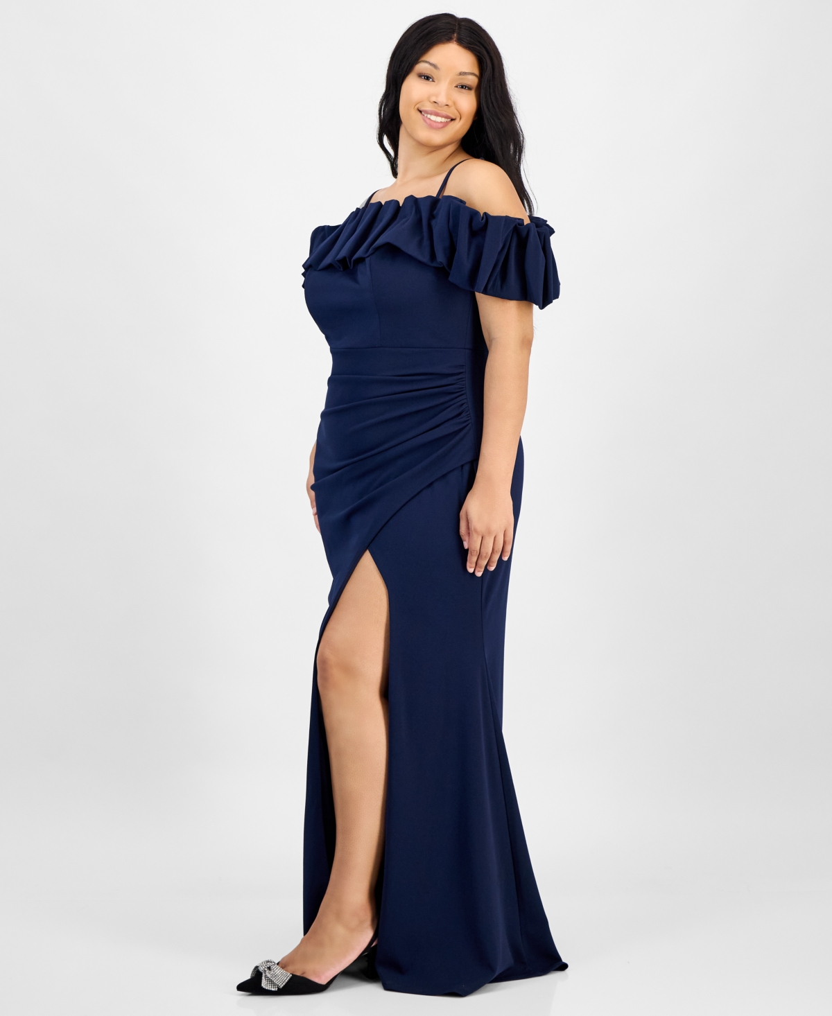 City Studios Trendy Plus Size Bubble-trim Cold-shoulder Scuba Gown In Blue