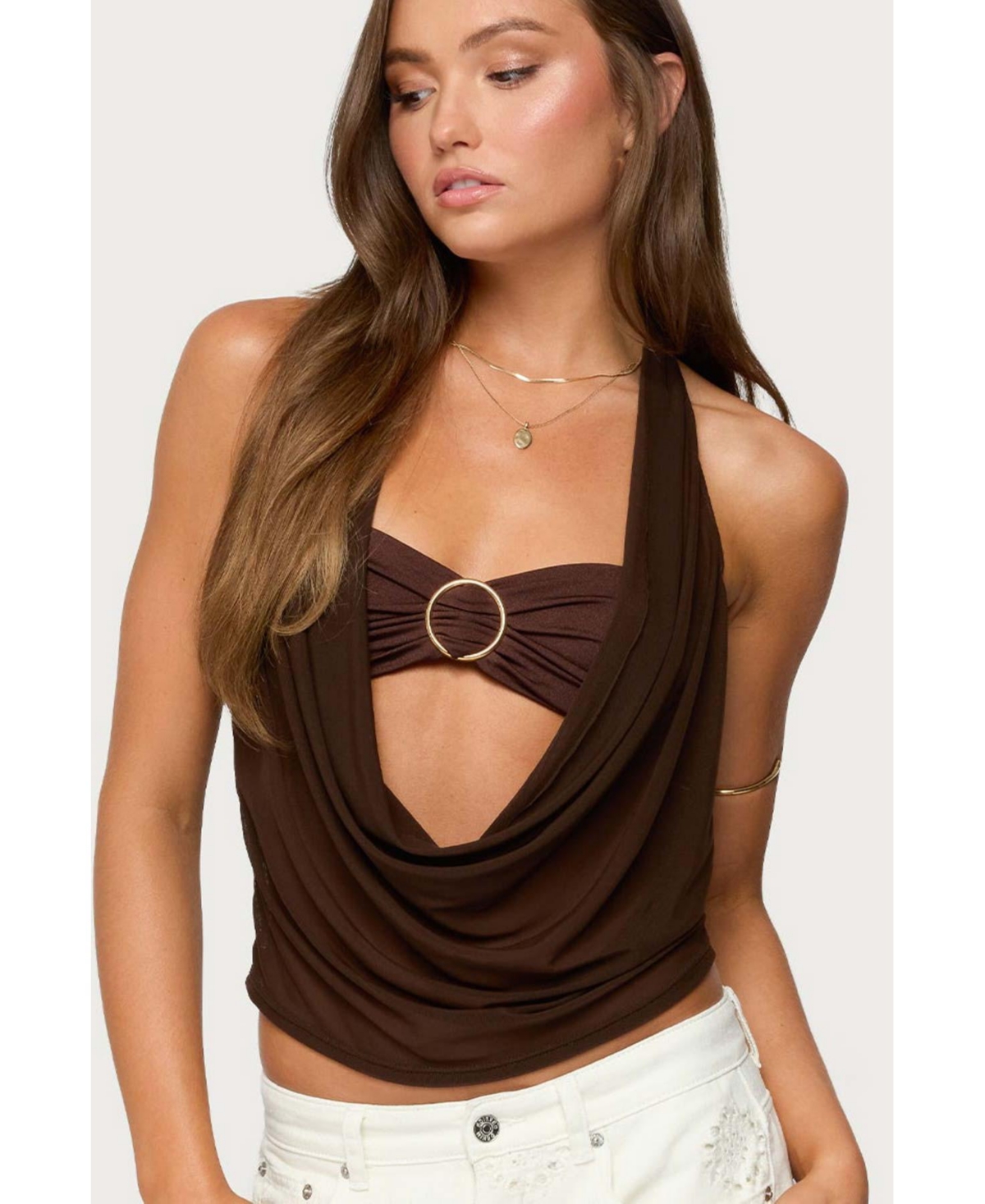Women's Issey Layered Bra Cowl Neck Top - Brown