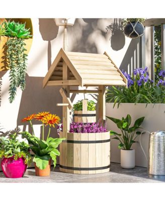 Wishing Well Planter with Bucket, Wooden Wishing Well, Natural