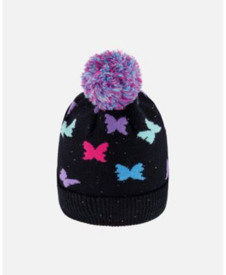 Girl Lined Knit Pompom Hat Black Butterfly Pattern - Toddler|Child