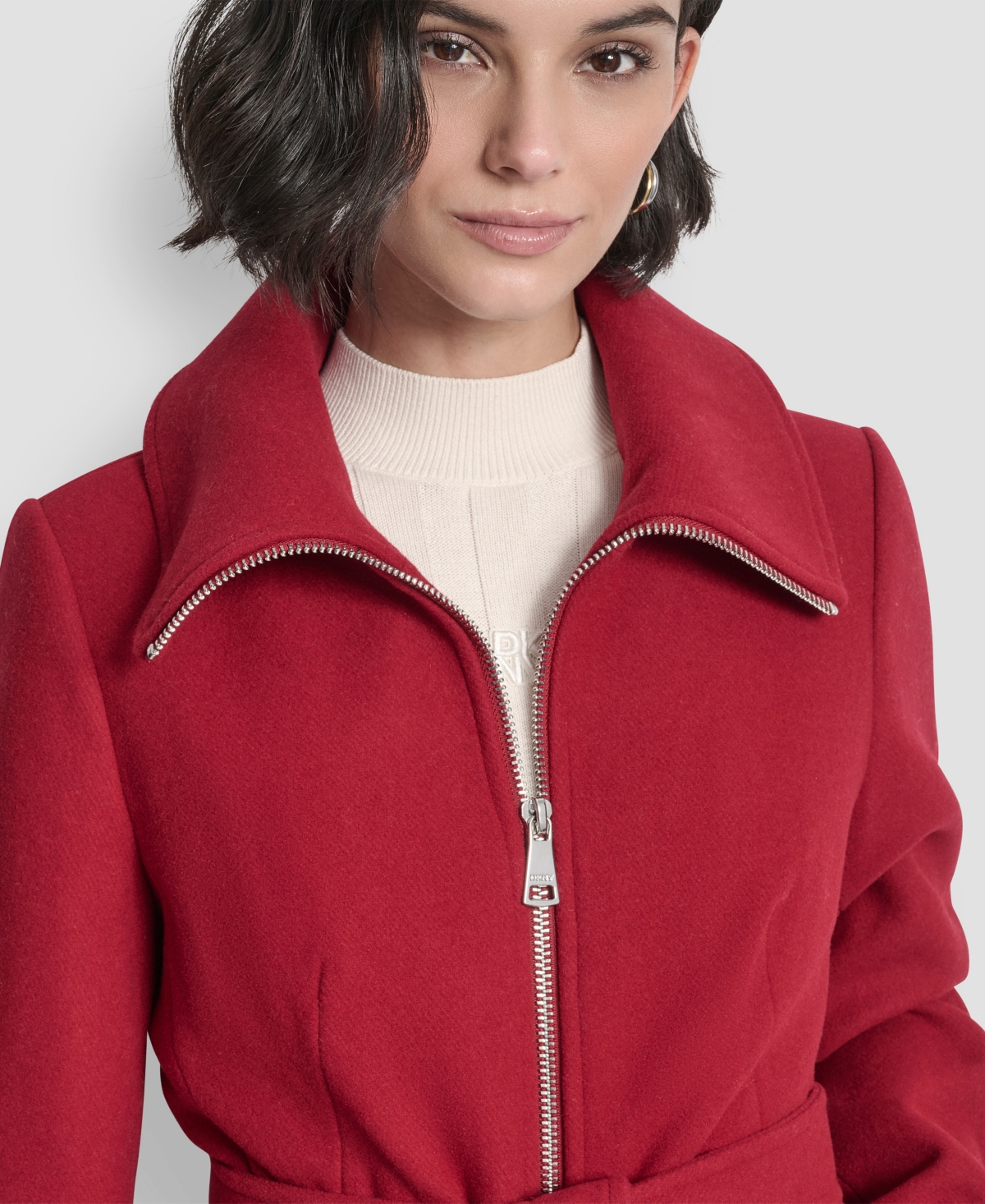 Dkny Petite Belted Zip Front Coat In Red