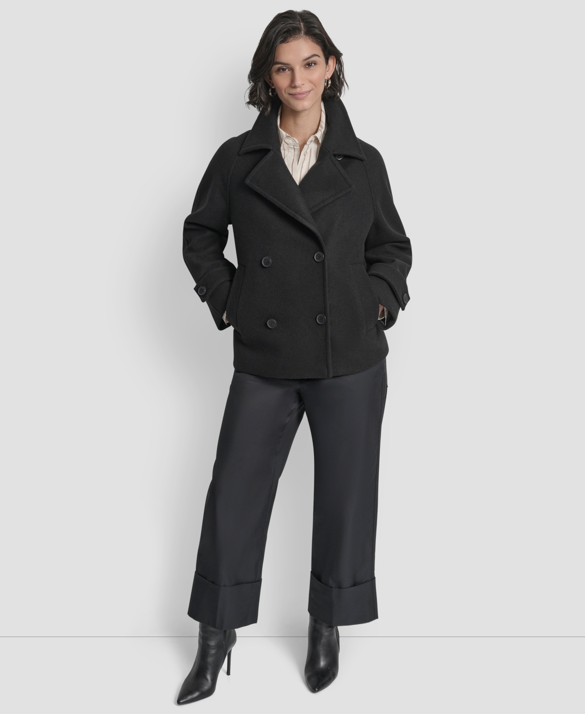 Dkny Petite Short Double Breasted Collared Coat In Black