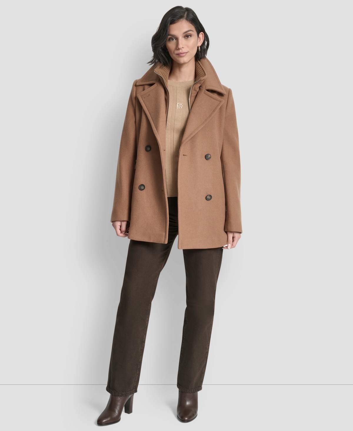 Dkny Womens Short Double Breasted Collared Coat P Xs Xxl In Brown