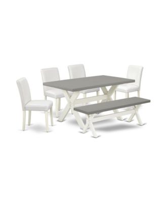 6-Piece Dining Set Cement Color Table & Bench, 4 PU Leather Chairs with Stylish Backs Elegant & Durable Design