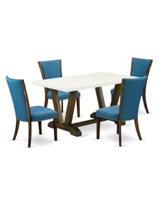5Pc Dining Table Set Includes a Dining Table and 4 Parson Chairs with Blue Color Linen Fabric,Distressed Jacobean
