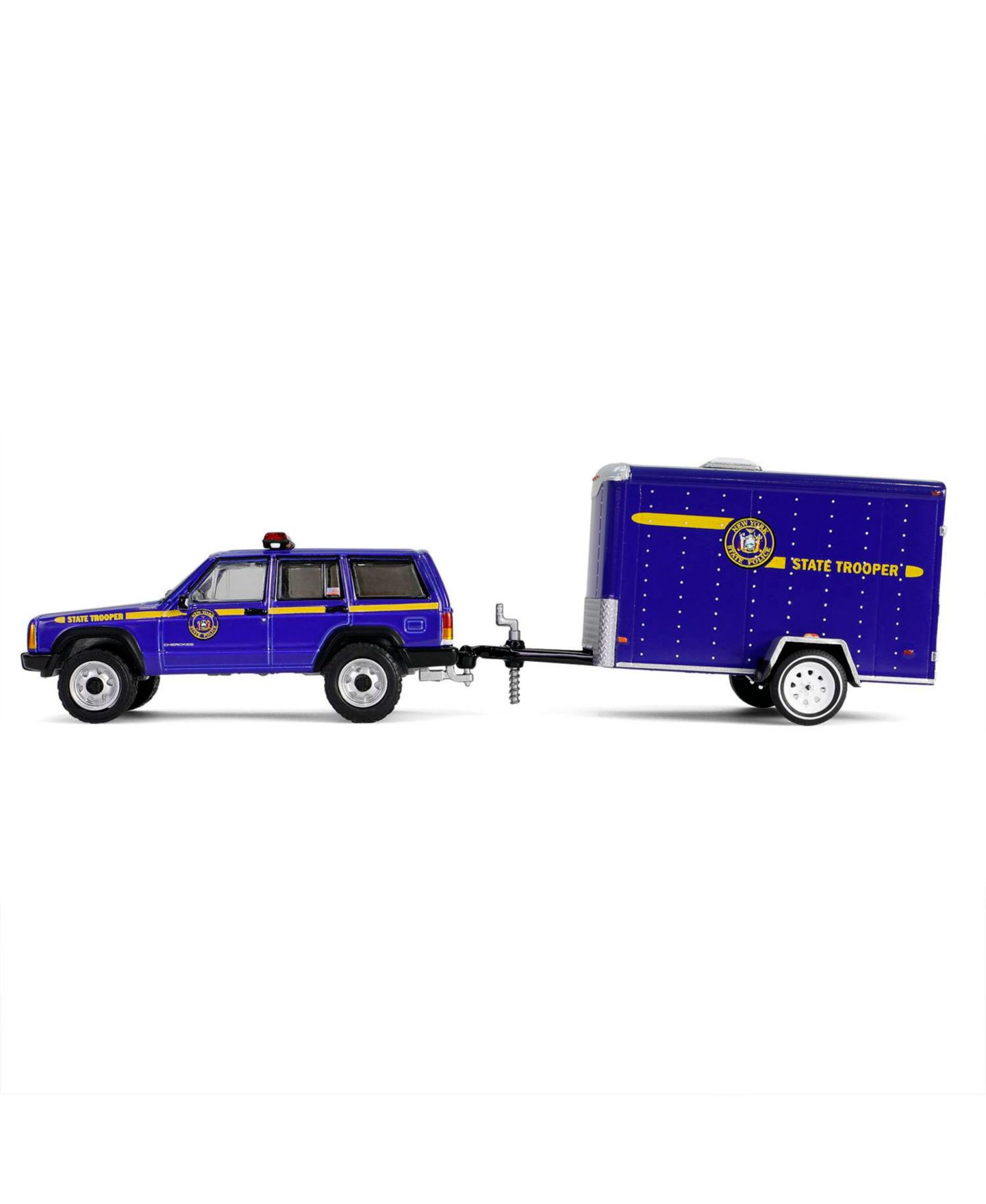 Детские игрушки Greenlight 1/64 2001 Jeep Cherokee Trailer New York State Police Hot Pursuit Tow — фото 3