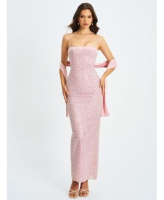 Women Raizel Pink Beaded Sequin Bodycon Gown with Scarf