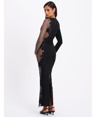 Women's Bailey Lace Trim Crystal Net Cutout Long Sleeve Gown