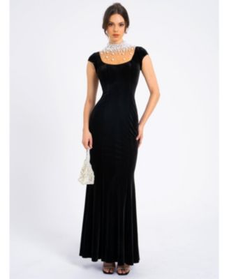 Women Rachael Black Velvet Pearl Embellished Gown