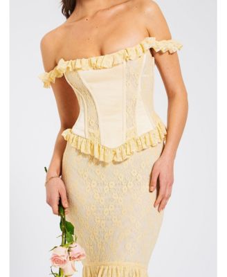 Women's Ersilia Pale Yellow Satin Lace Peplum Corset Off Shoulder Maxi Dress