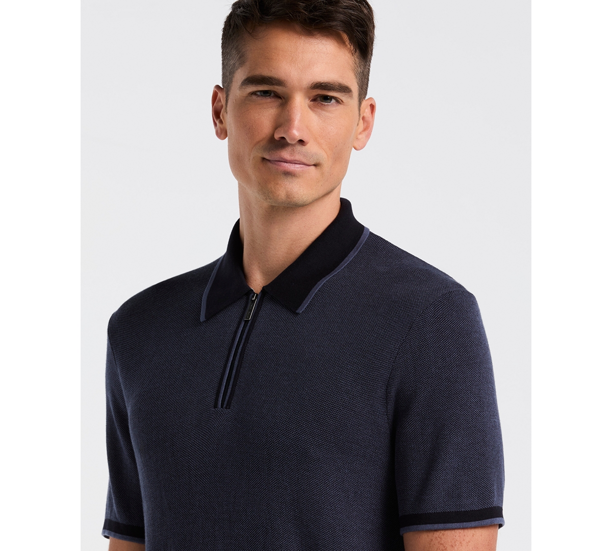 Perry Ellis Men's Bi-color Stitch Quarter-zip Short Sleeve Polo Shirt In Blue