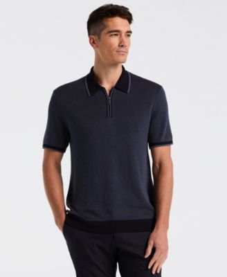 Perry Ellis - Men's Bi-Color Stitch Quarter-Zip Short Sleeve Polo Shirt
