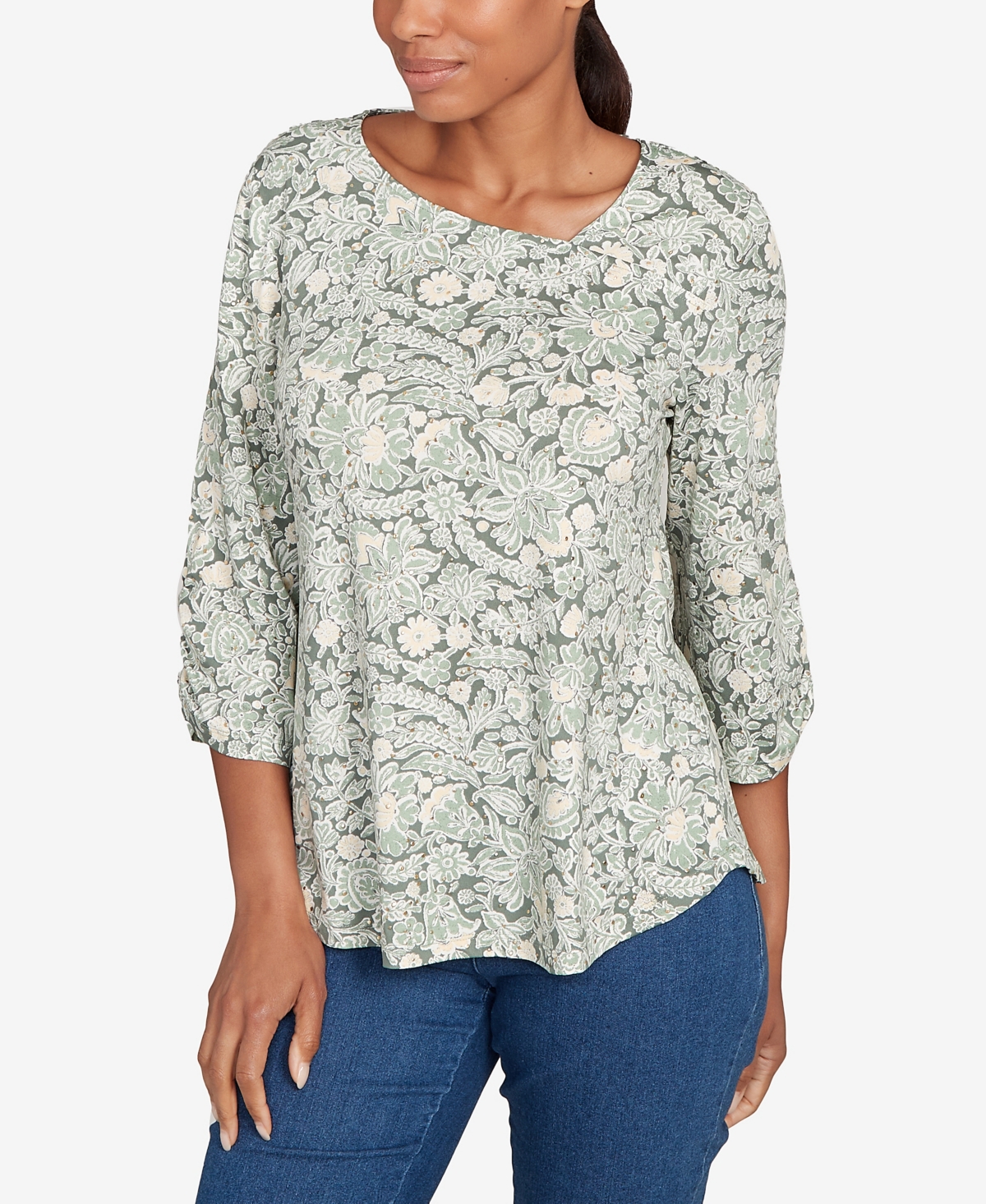 Ruby Rd. Petite Floral Dew Drop Ruched Sleeves Top In Gray