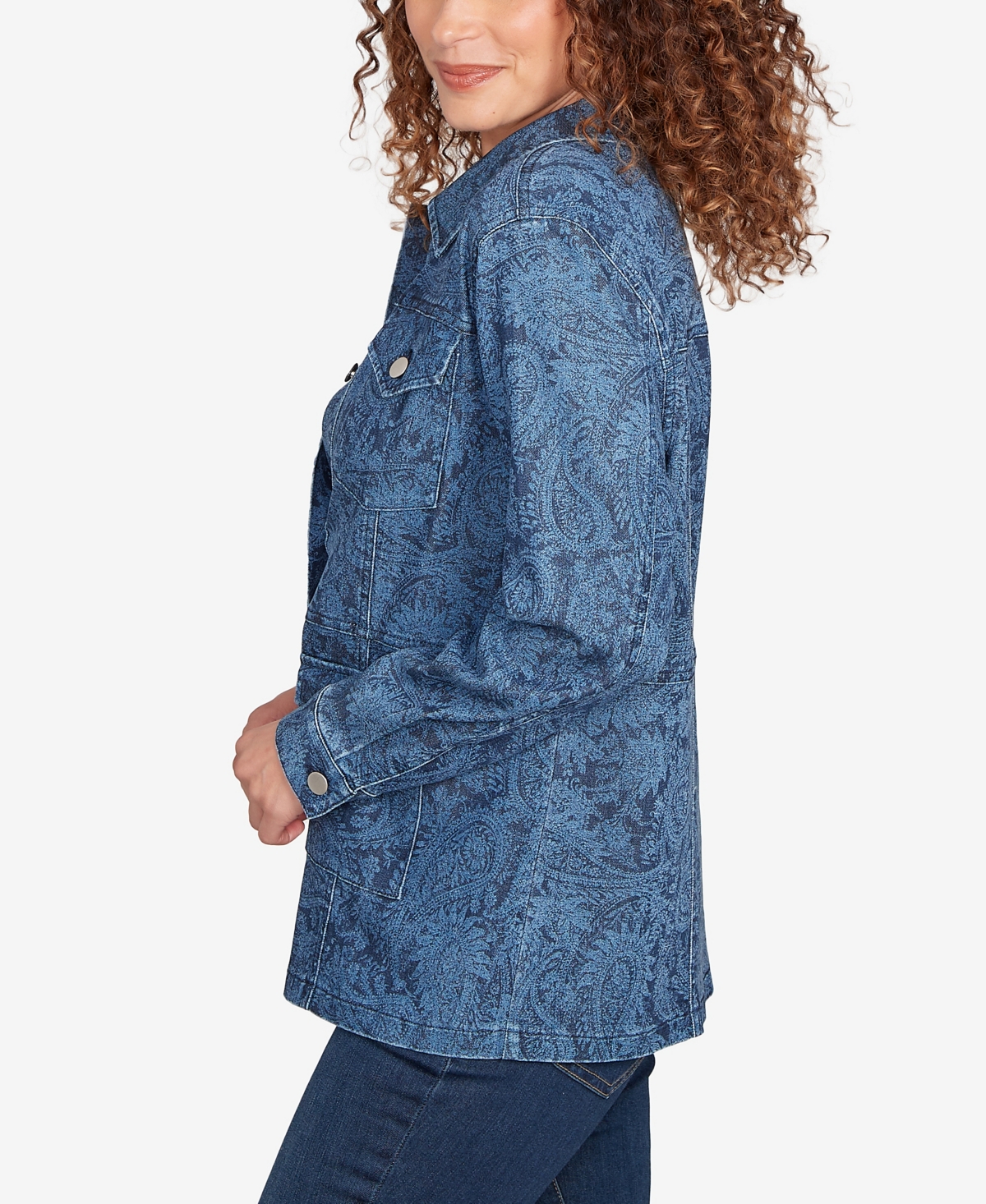 Ruby Rd. Petite Paisley Stretch Denim Utility Jacket In Blue