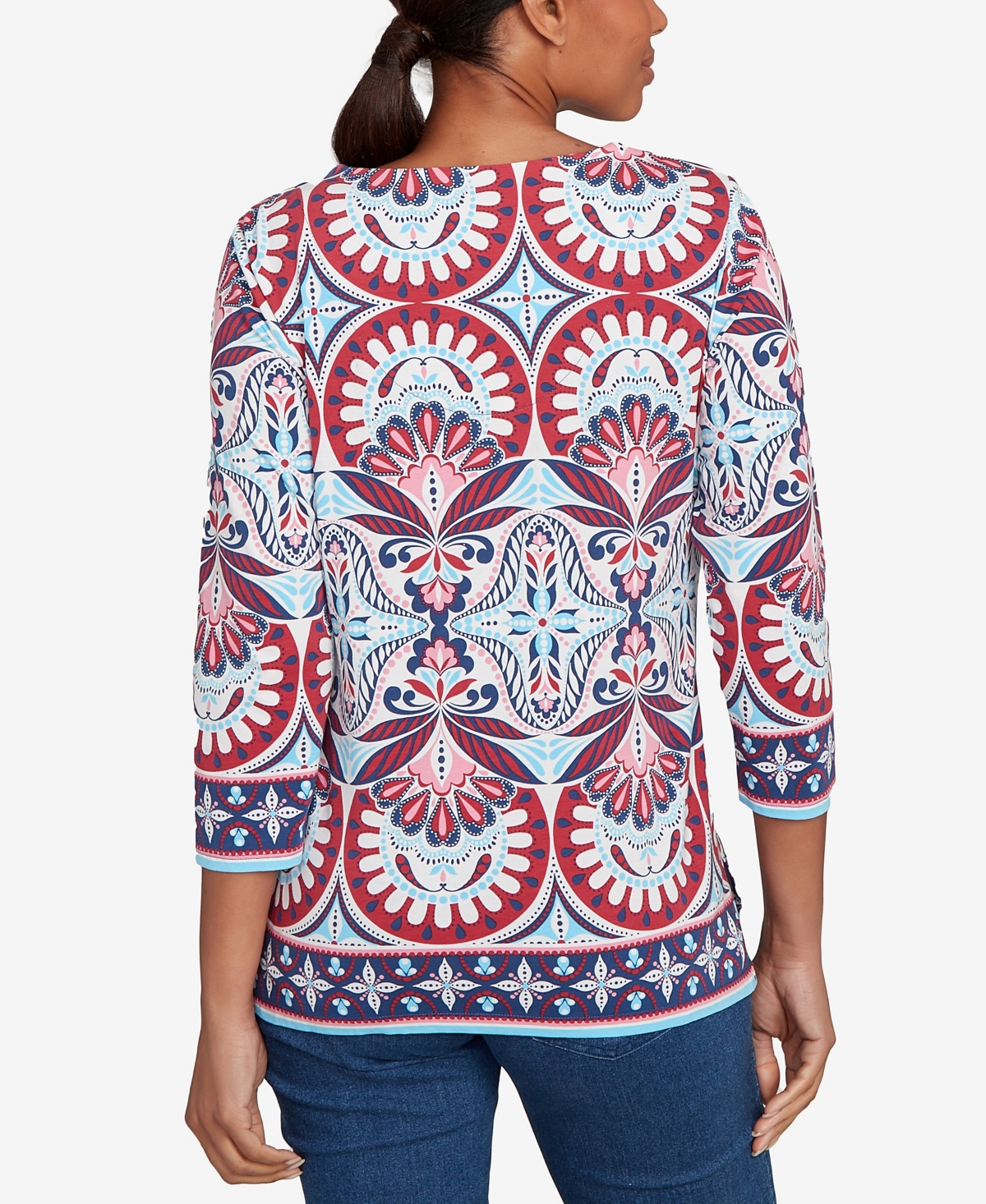 Ruby Rd. Petite Embellished Geo Border Knit Top In Blue