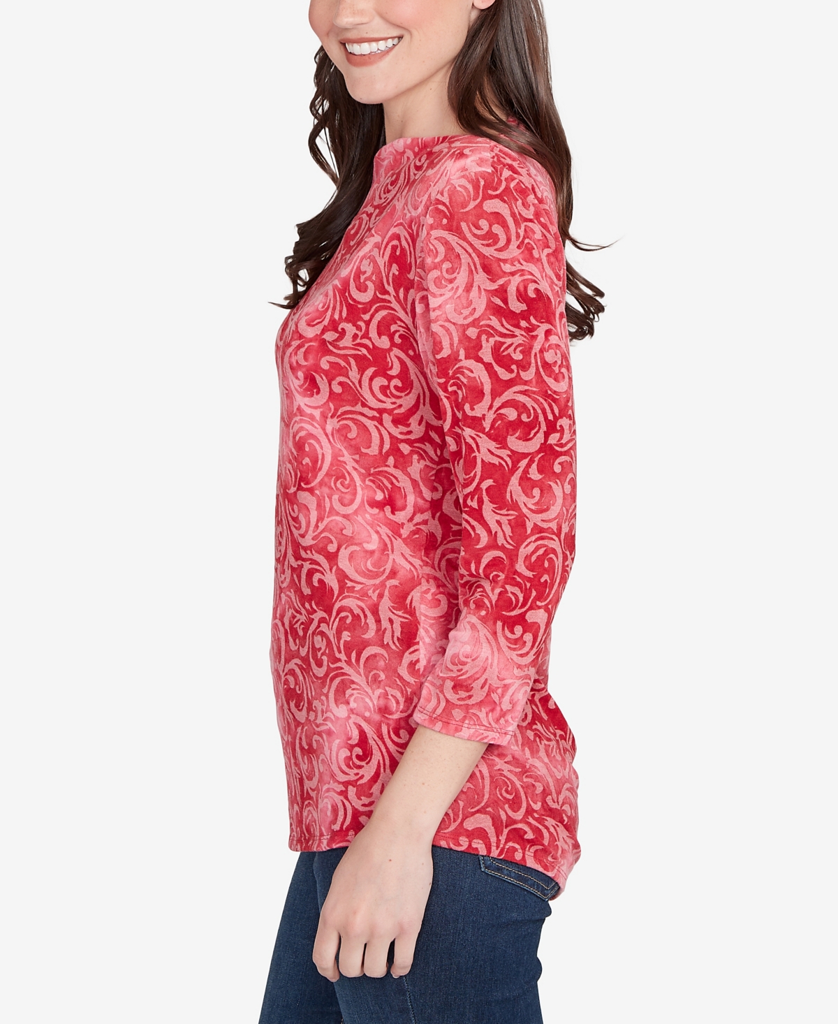 Ruby Rd. Petite Tie Dye Scroll Floral Hatchi Top In Red