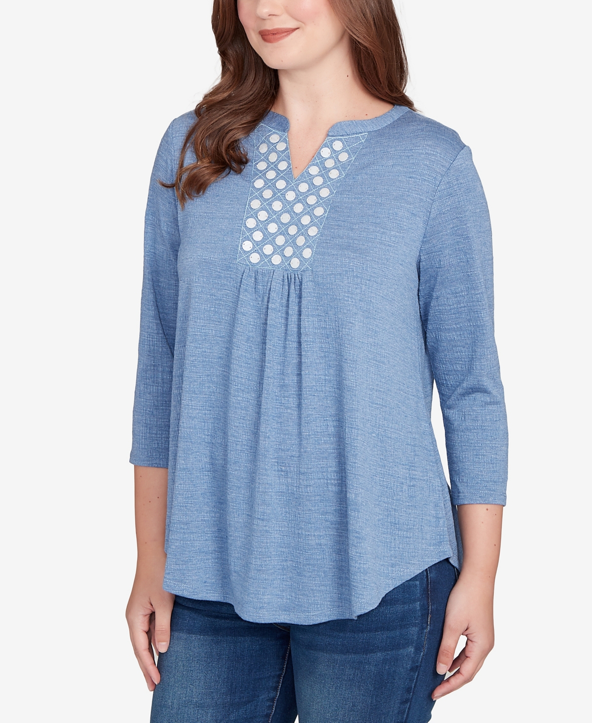 Ruby Rd. Petite Textured Knit Embellished Top In Blue