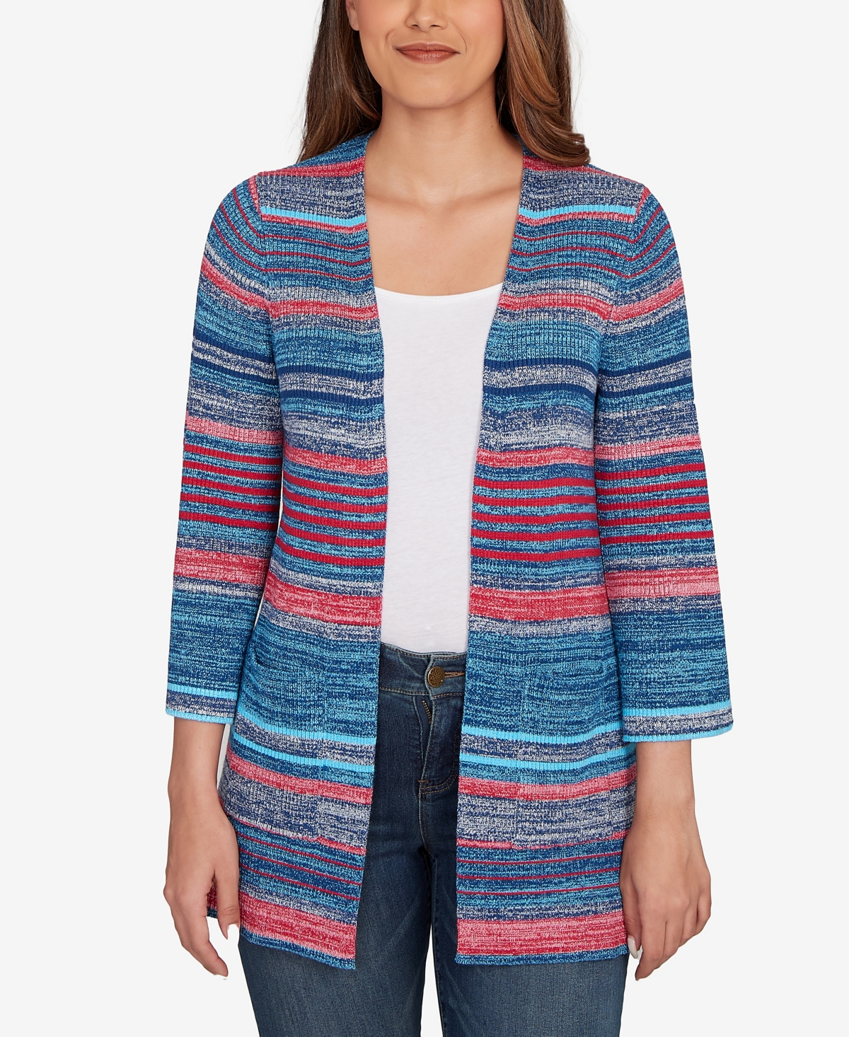 Ruby Rd. Petite Open Ribbed Stripe Front Pocket Cardigan Sweater In Blue