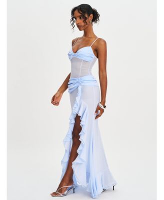 Women Lacy Blue Ruched Breast High Slit Chiffon Dress