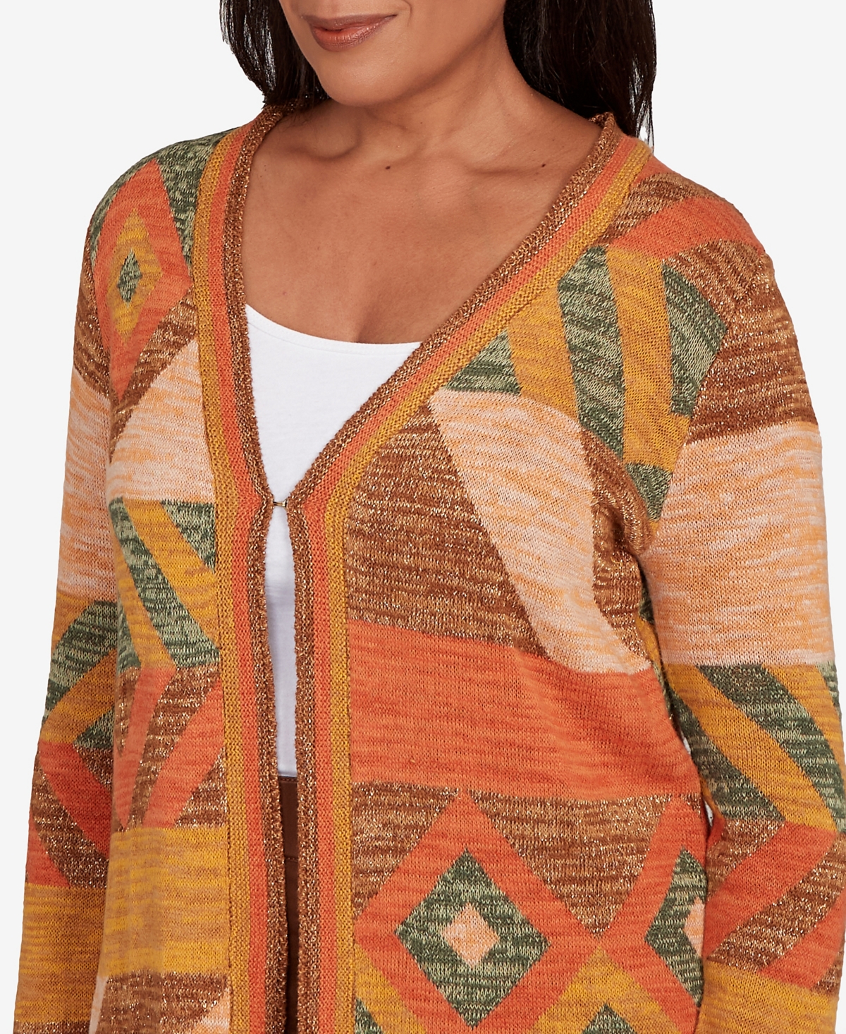 Alfred Dunner Petite Mount Laurel Patchwork Long Sleeve Cardigan Sweater In Multi