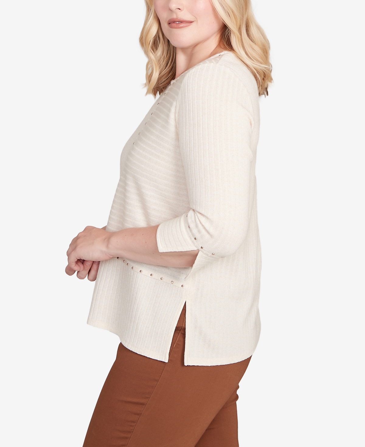 Alfred Dunner Petite Mount Laurel Heat Set Embellished Solid Top In Brown
