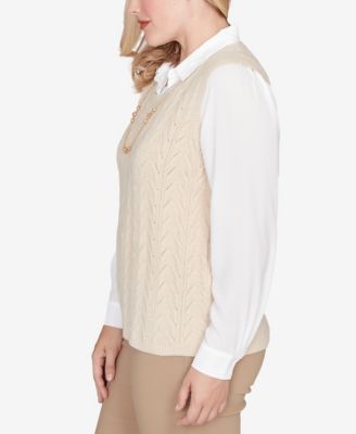 Petite Urban Legend Pointelle Texture Two in One Sweater with Necklace