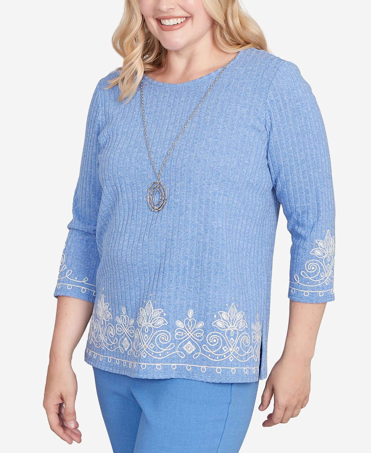 Alfred Dunner Petite Medallion Bordered Periwinkle Top With Necklace In Blue