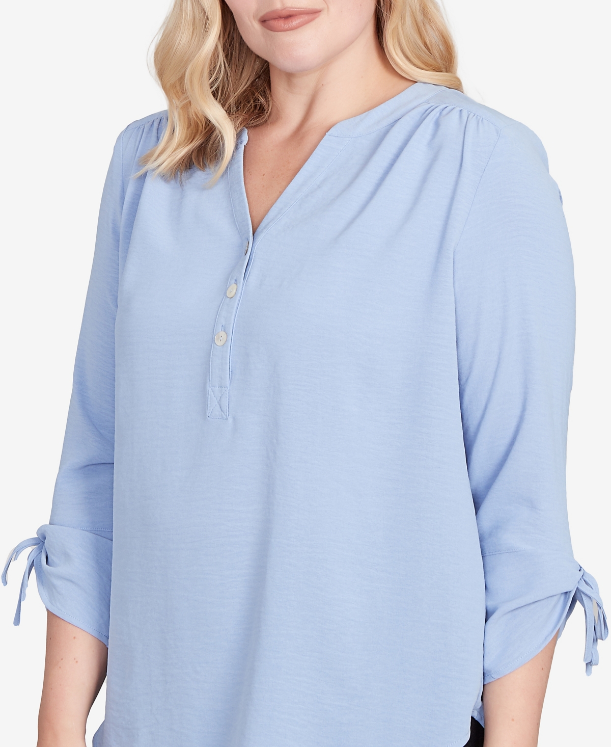 Alfred Dunner Petite Tie Sleeve Crinkle Textured Henley Top In Blue