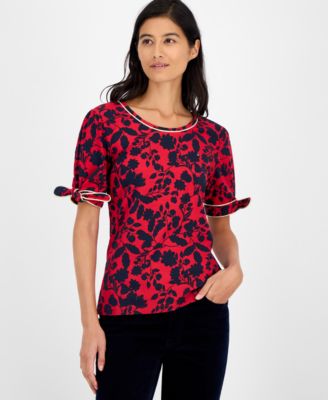 Tommy Hilfiger - Women's Floral-Print Tie-Cuff T-Shirt